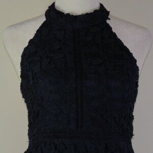 Bardot Women's Navy-Blue Halter Formal Dress & Leaf Lace Overlay Size 16 (C1595)
